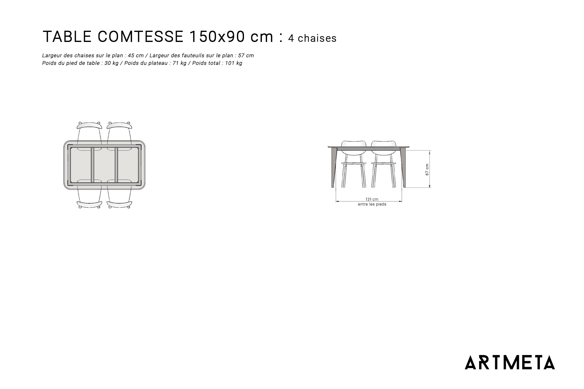Table ceramique Comtesse 150x90 plans avec chaises et fauteuils copie Table en céramique 150x90 cm 4 à 6 personnes