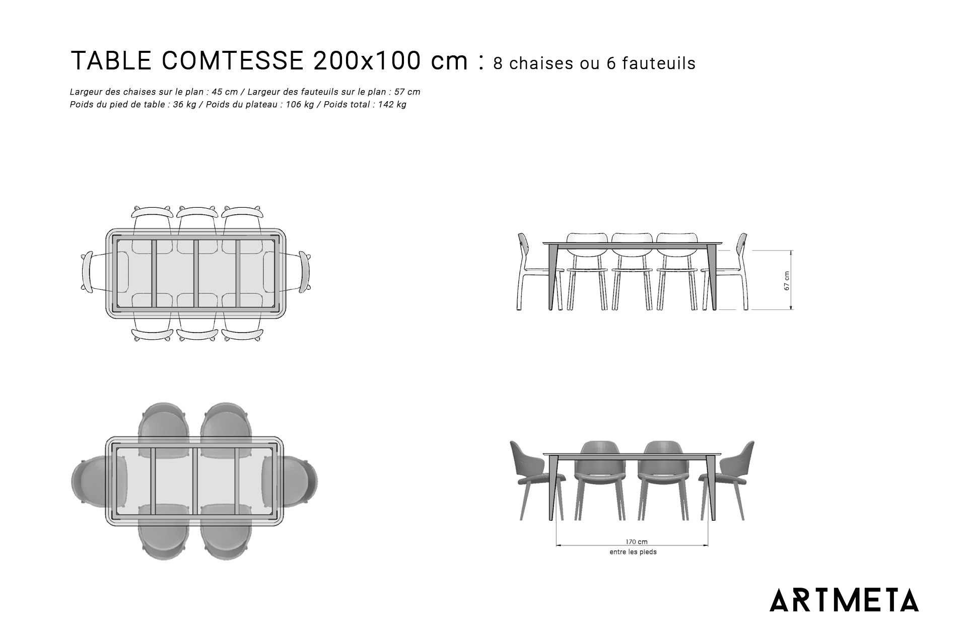 Table ceramique Comtesse 200x100 plans avec chaises et fauteuils copie Table en céramique 200x100 cm 8 personnes