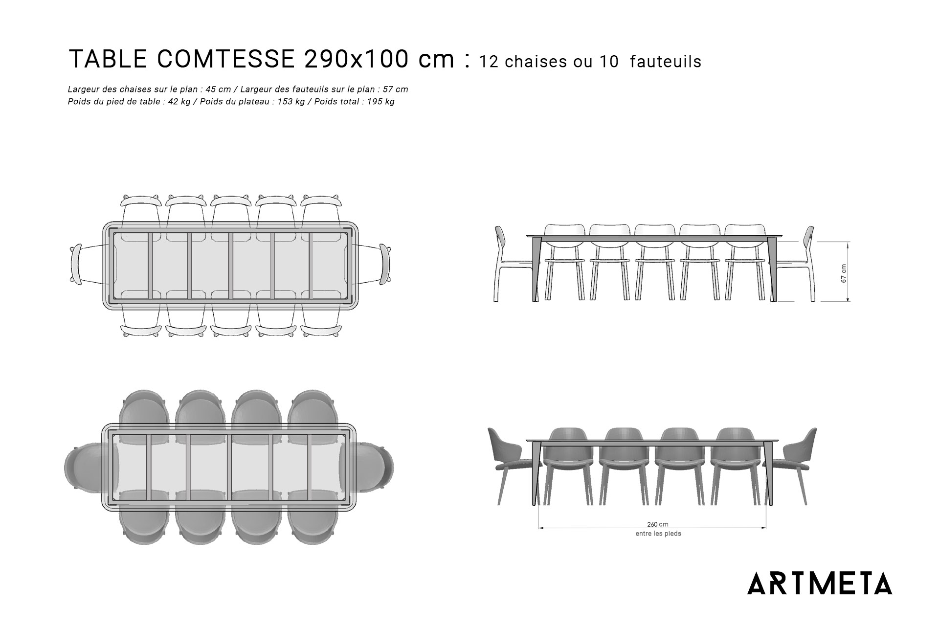 Table ceramique Comtesse 290x100 plans avec chaises et fauteuils copie Table en céramique 290x100 cm 10 à 12 personnes