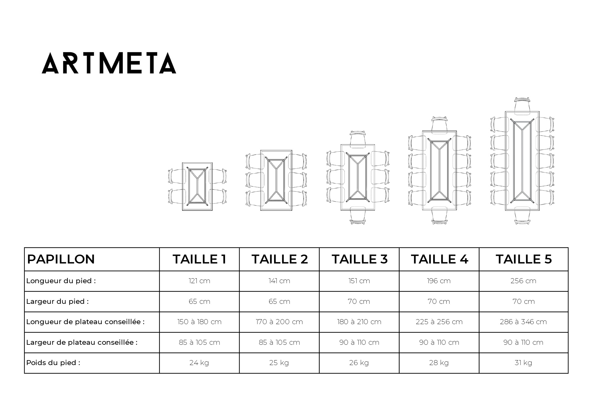 Dimensions / Pied de table Papillon en aluminium pleine masse