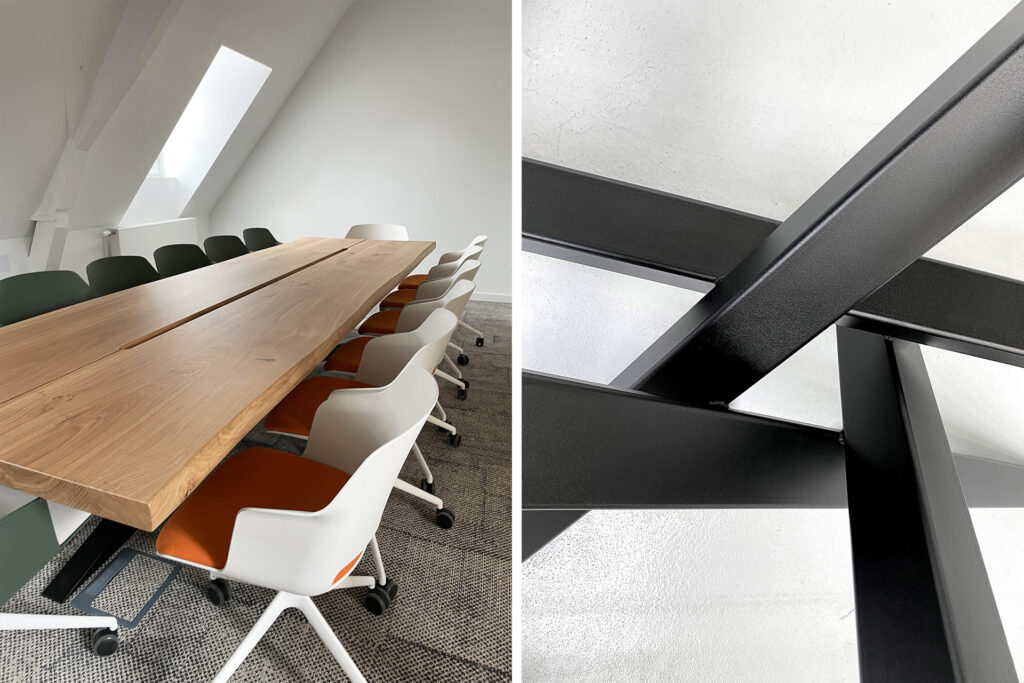 Tables de réunion sur mesure / Projet à Paris / Plateaux en chêne massif français / pieds en acier / Fabrication française / Table Mikado