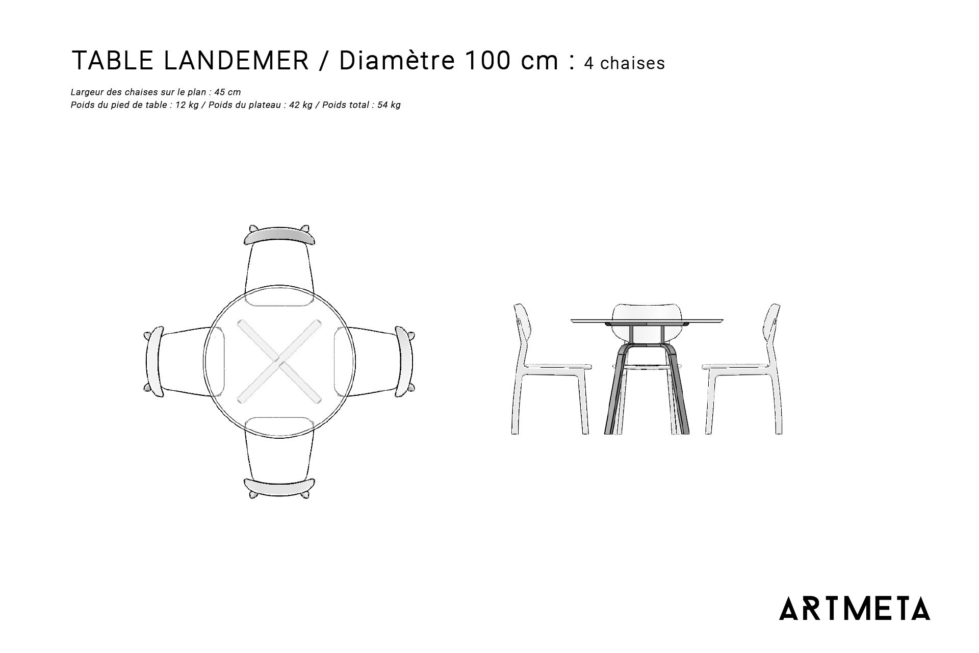 Table céramique Landemer diamètre 100 cm plans avec chaises et fauteuils copie Table ronde en céramique DEKTON aura diamètre 100 cm pour 4 personnes