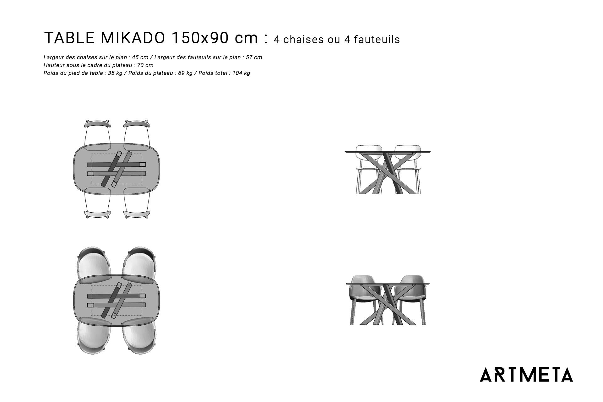 Table ceramique Mikado 150x90 plans avec chaises et fauteuils Table ceramique Mikado 150x90 plans avec chaises et fauteuils