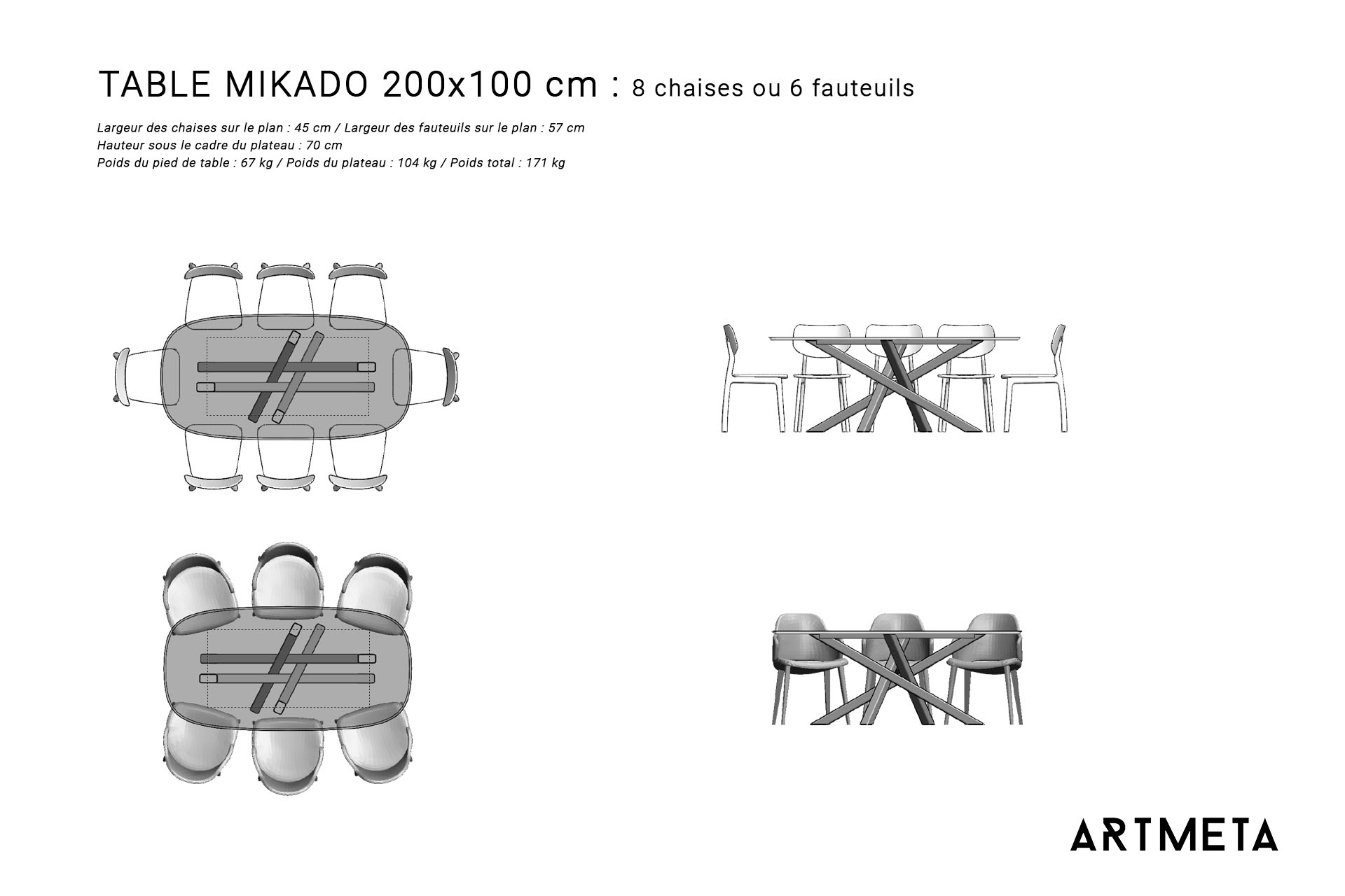 Table ceramique Mikado 200x100 plans avec chaises et fauteuils Table ceramique Mikado 200x100 plans avec chaises et fauteuils