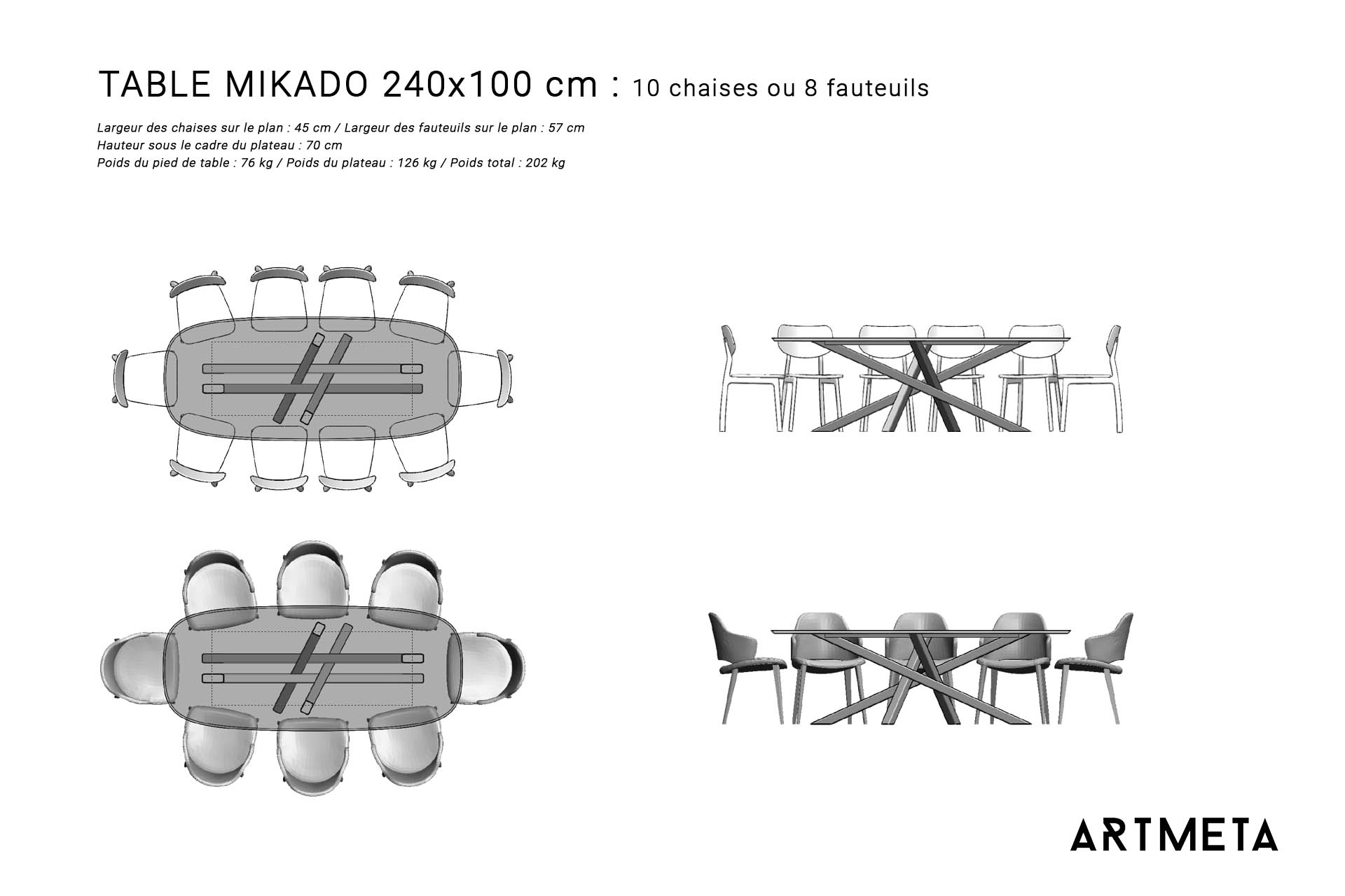 Table ceramique Mikado 240x100 plans avec chaises et fauteuils Table ceramique Mikado 240x100 plans avec chaises et fauteuils