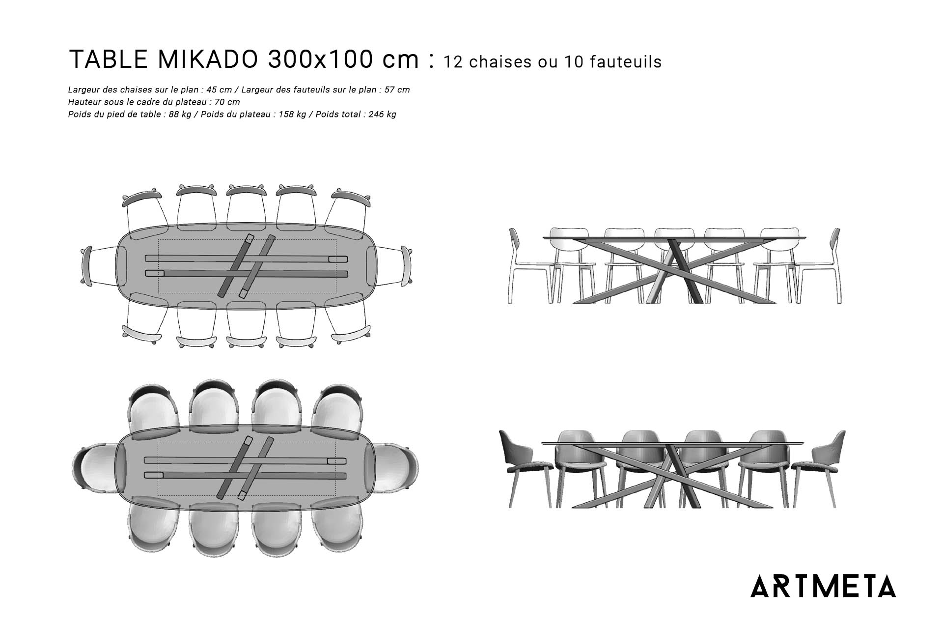 Table ceramique Mikado 300x100 plans avec chaises et fauteuils Table ceramique Mikado 300x100 plans avec chaises et fauteuils