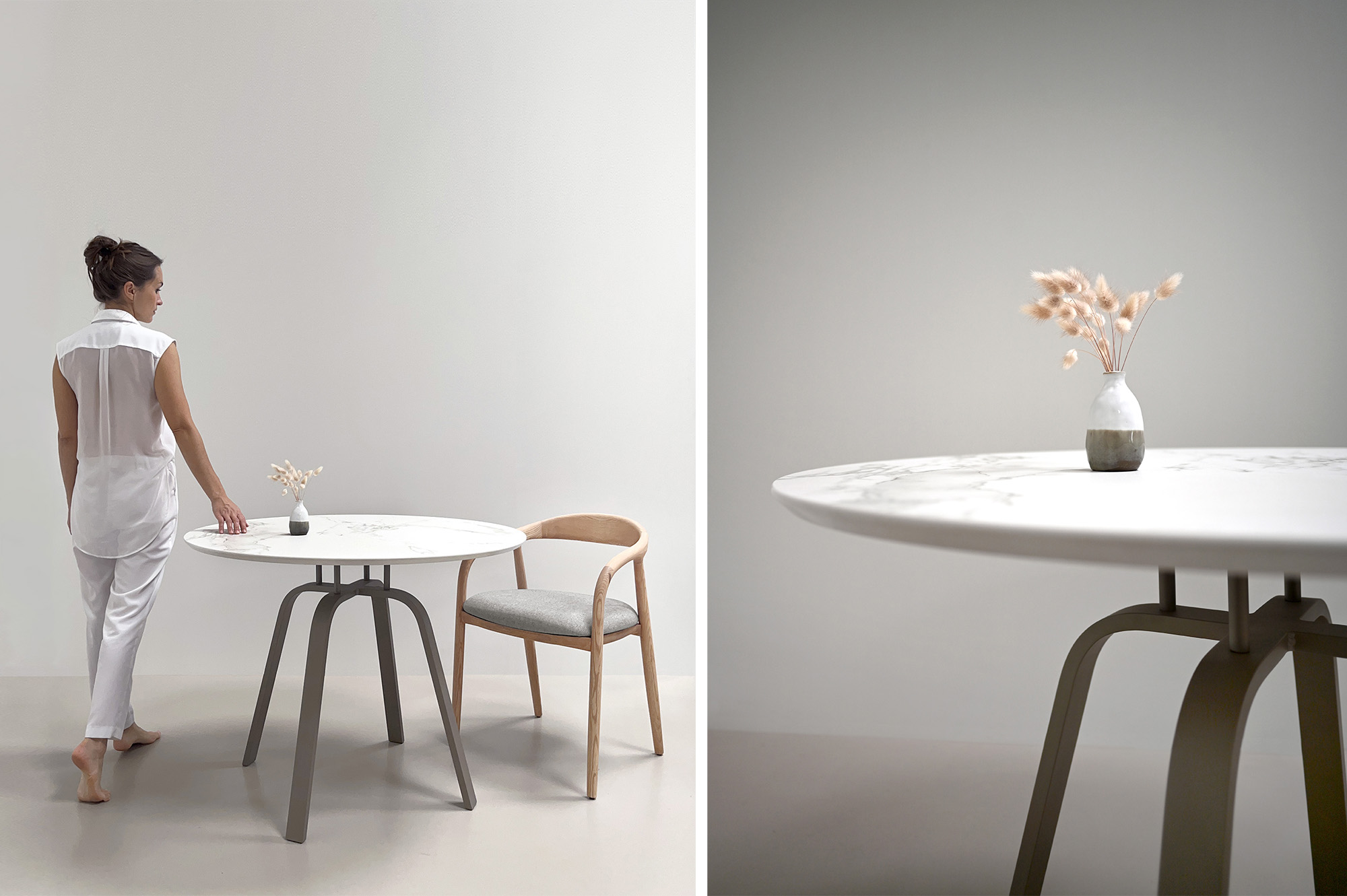 Table dekton aura et pied champagne ARTMETA 8C Table ronde en céramique DEKTON aura diamètre 100 cm pour 4 personnes