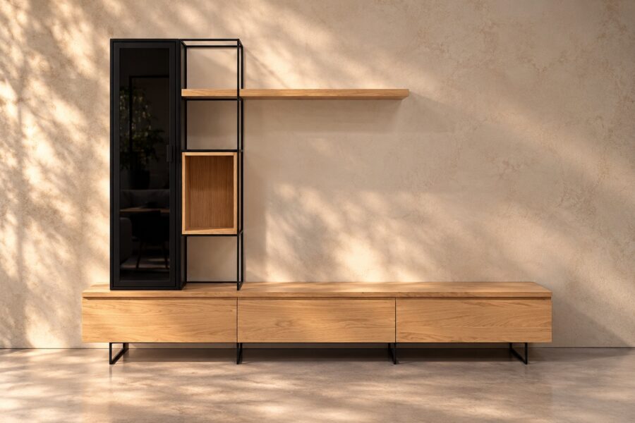 Meuble tv Vitrine 270 cm acier et bois massif